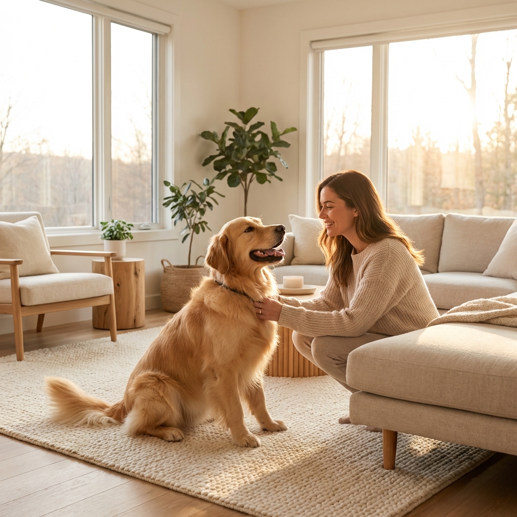 Cachorro feliz em casa limpa